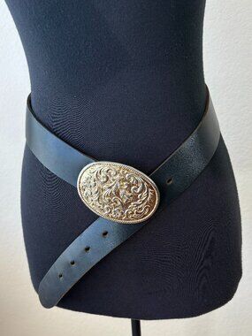 Vintage Leather Belt Western Gold Buckle 90s Made in England Boho